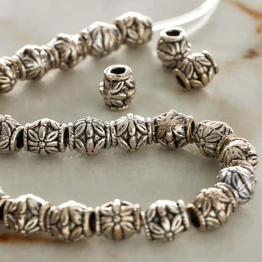 12 Pack: Antique Silver Carved Flower Tube Beads, 7mm by Bead Landing™
